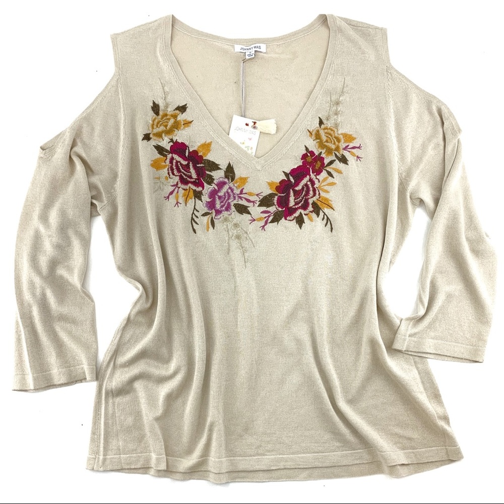 Johnny Was XL Cream Cold Shoulder Embroidered Top